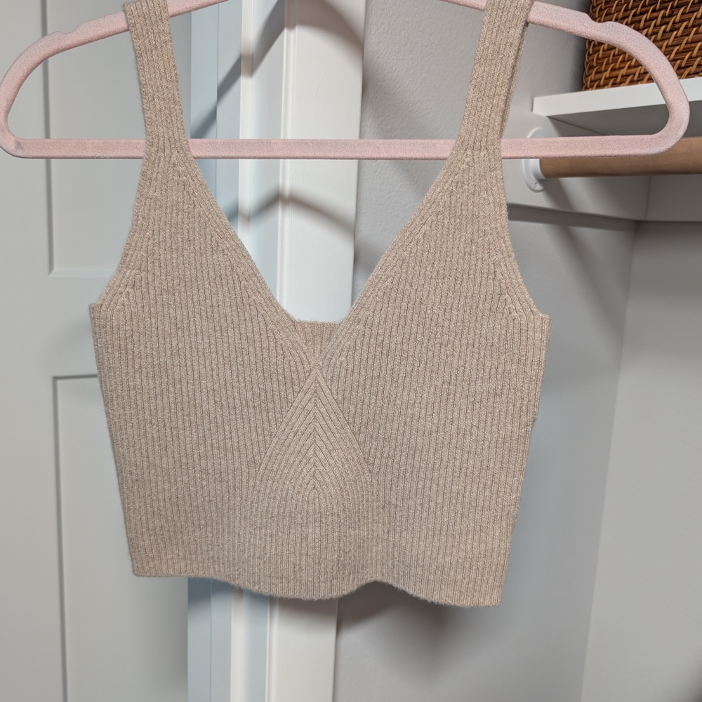 Beige Ribbed Knit Crop Top